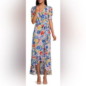 Sugarlips Floral Print Surplice V-Neck Short Puff Sleeve Ruffle Wrap Dress XS